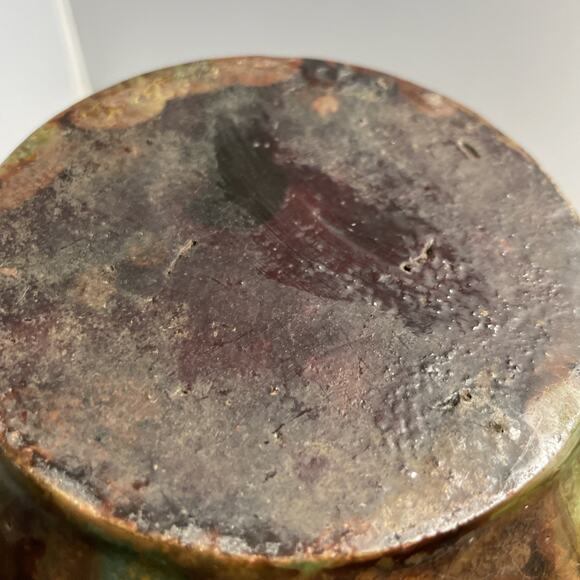 Vintage Drip Glaze Redware Pottery Vase Pot in Green Brown Textured - Picture 9 of 12